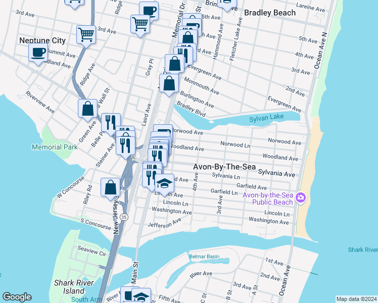 map of restaurants, bars, coffee shops, grocery stores, and more near 415 Woodland Avenue in Avon-by-the-Sea