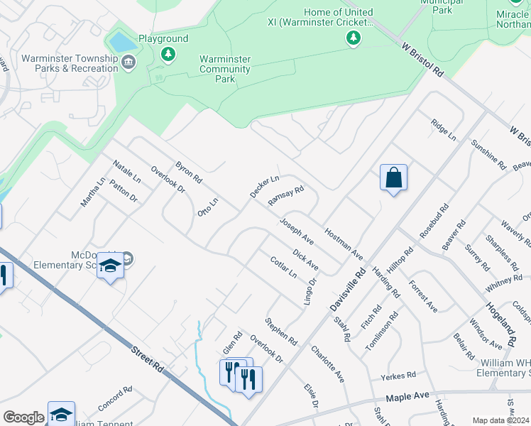 map of restaurants, bars, coffee shops, grocery stores, and more near 640 Joseph Avenue in Warminster