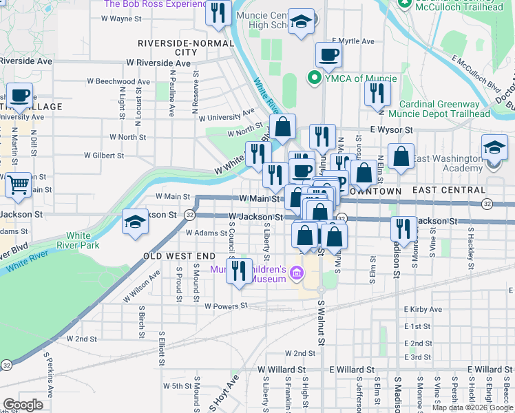 map of restaurants, bars, coffee shops, grocery stores, and more near 415 1/2 West Main Street in Muncie