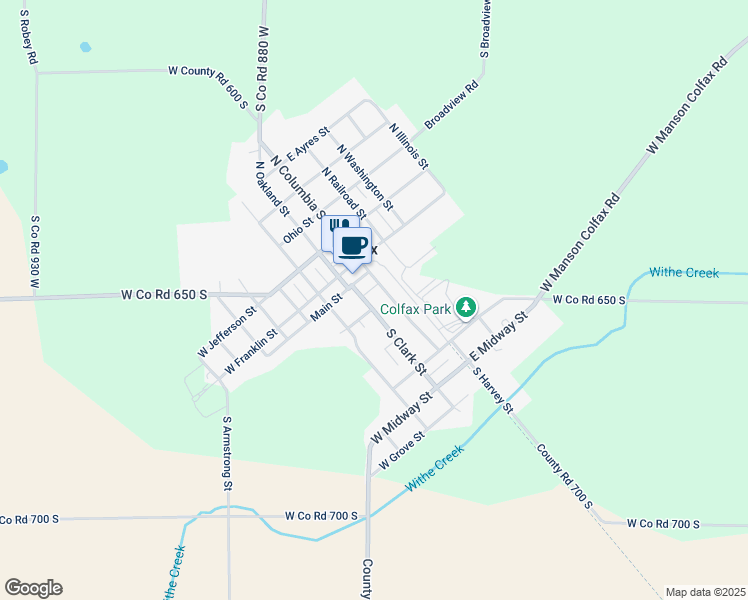 map of restaurants, bars, coffee shops, grocery stores, and more near 207 South Clark Street in Colfax
