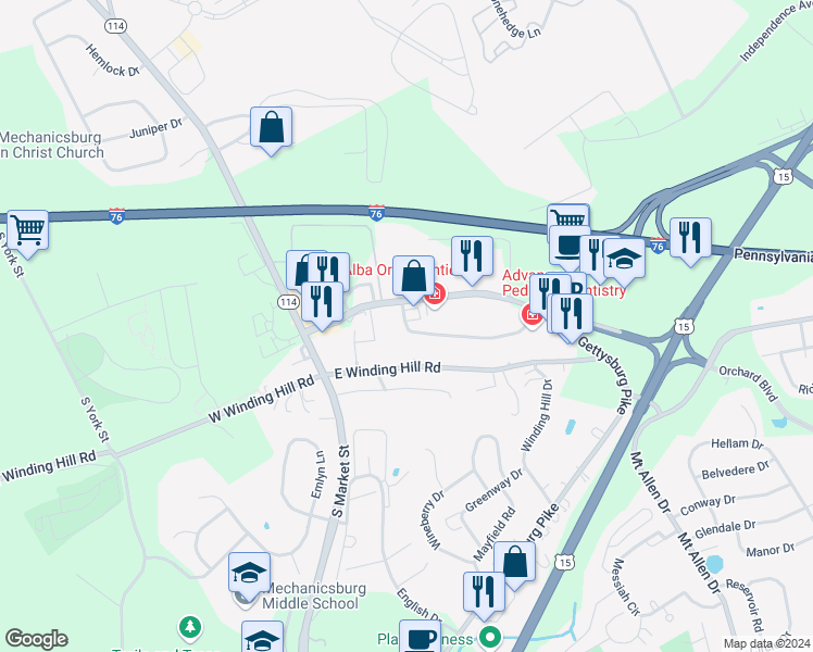 map of restaurants, bars, coffee shops, grocery stores, and more near 114 Old Schoolhouse Lane in Mechanicsburg