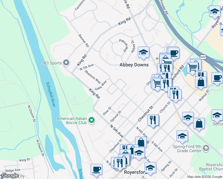 map of restaurants, bars, coffee shops, grocery stores, and more near 463 North 7th Avenue in Royersford