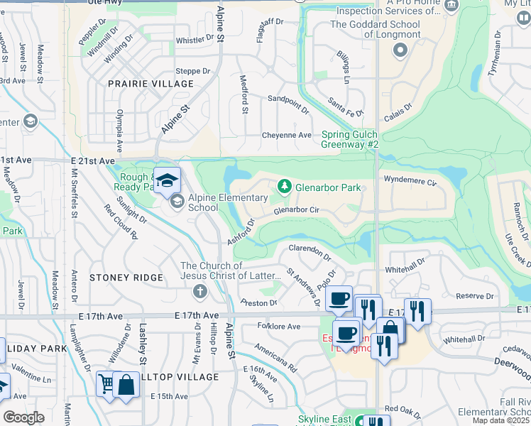 map of restaurants, bars, coffee shops, grocery stores, and more near 1912 Glenarbor Way in Longmont