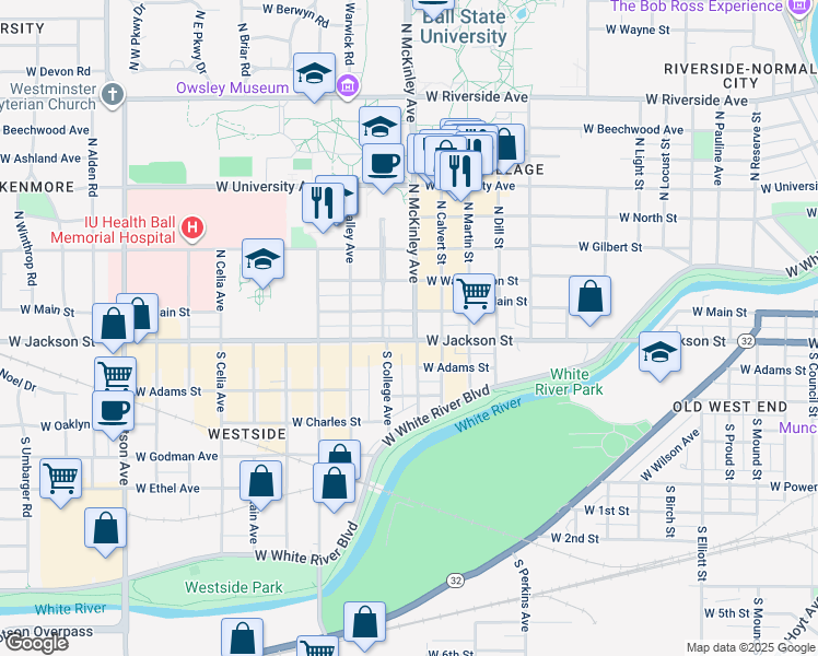 map of restaurants, bars, coffee shops, grocery stores, and more near 109 South McKinley Avenue in Muncie