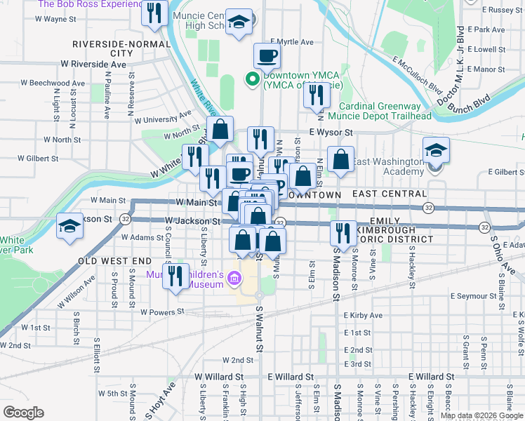 map of restaurants, bars, coffee shops, grocery stores, and more near in Muncie