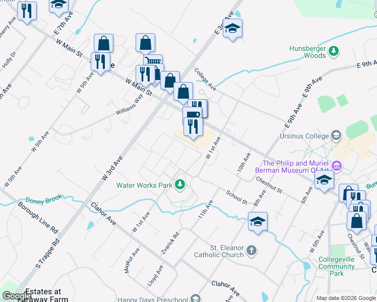 map of restaurants, bars, coffee shops, grocery stores, and more near 739 Muhlenberg Drive in Trappe