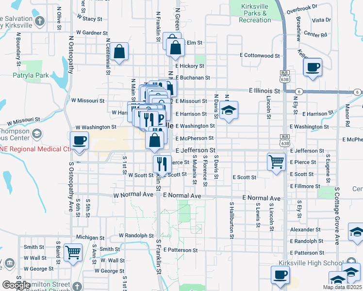 map of restaurants, bars, coffee shops, grocery stores, and more near 210 South High Street in Kirksville