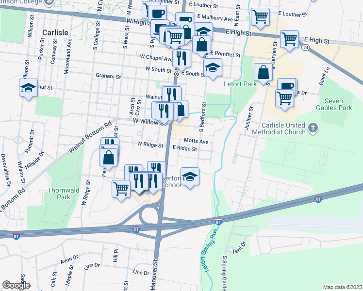 map of restaurants, bars, coffee shops, grocery stores, and more near 35 East Ridge Street in Carlisle