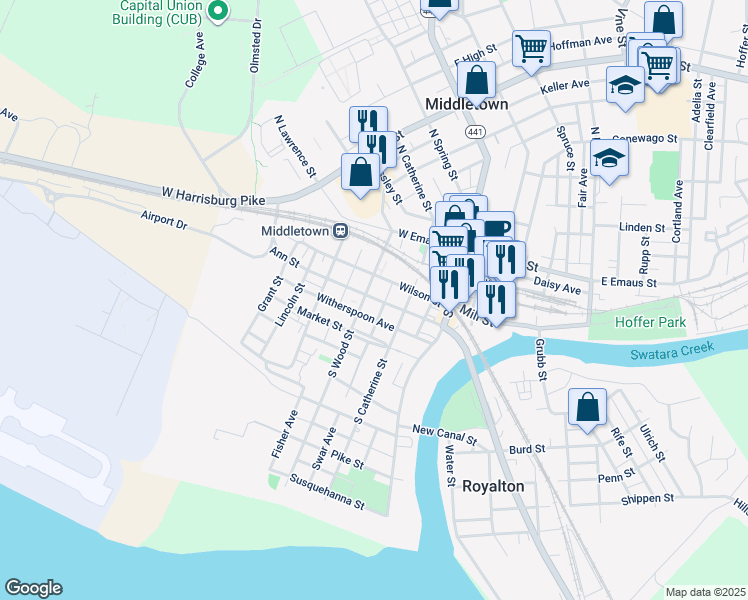 map of restaurants, bars, coffee shops, grocery stores, and more near 212 Wilson Street in Middletown