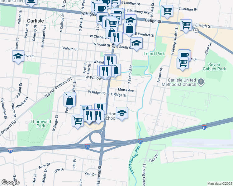 map of restaurants, bars, coffee shops, grocery stores, and more near 35 East Ridge Street in Carlisle