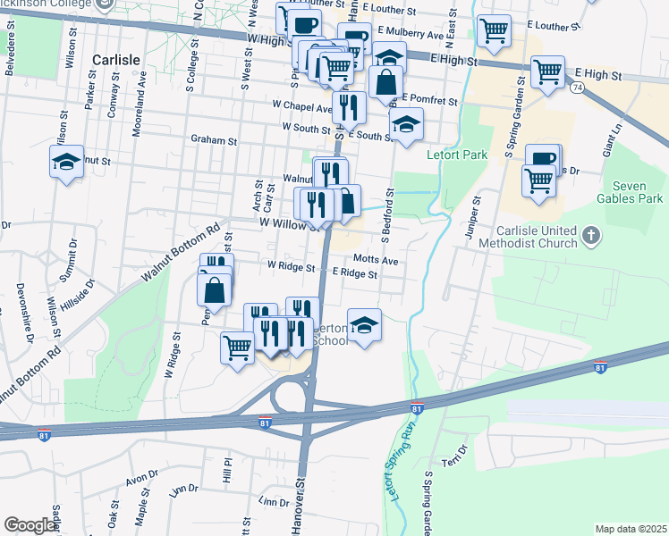 map of restaurants, bars, coffee shops, grocery stores, and more near 533 South Hanover Street in Carlisle