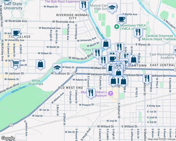 map of restaurants, bars, coffee shops, grocery stores, and more near 524 West Main Street in Muncie