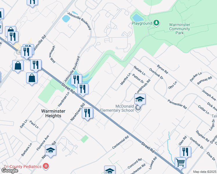 map of restaurants, bars, coffee shops, grocery stores, and more near 710 Newtown Road in Warminster