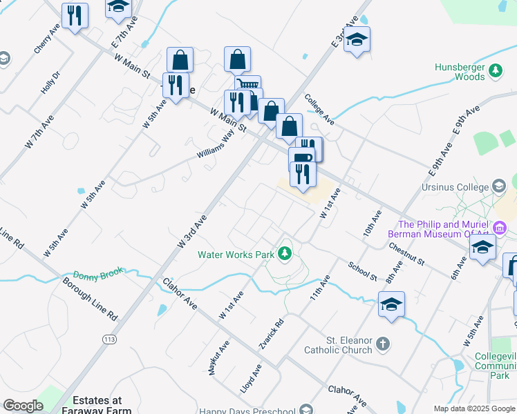 map of restaurants, bars, coffee shops, grocery stores, and more near 805 Dewees Place in Collegeville