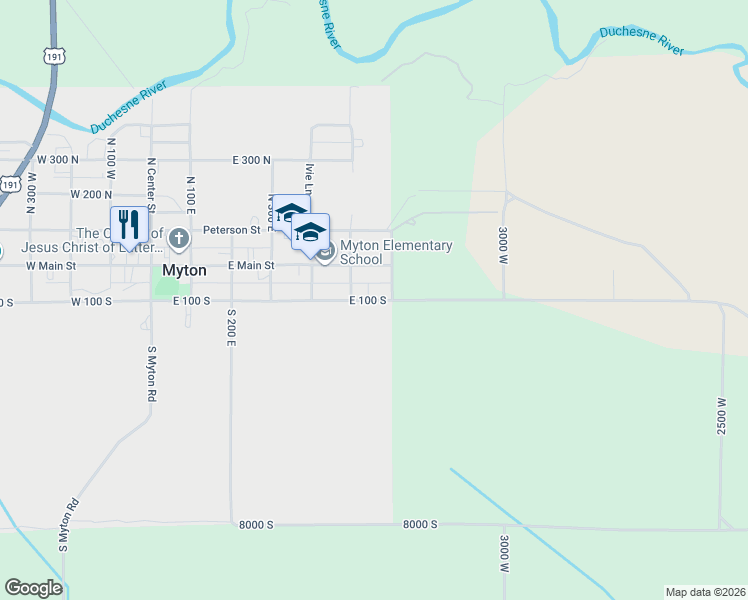 map of restaurants, bars, coffee shops, grocery stores, and more near 555 East 100 South in Myton