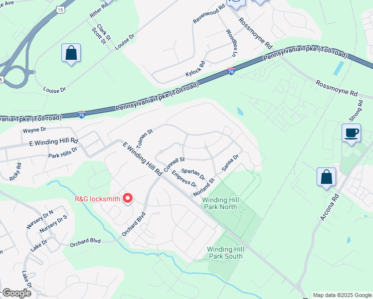 map of restaurants, bars, coffee shops, grocery stores, and more near Haralson Drive in Mechanicsburg