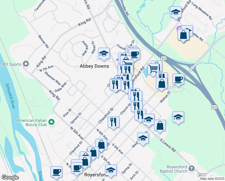map of restaurants, bars, coffee shops, grocery stores, and more near 807 Oak Street in Royersford