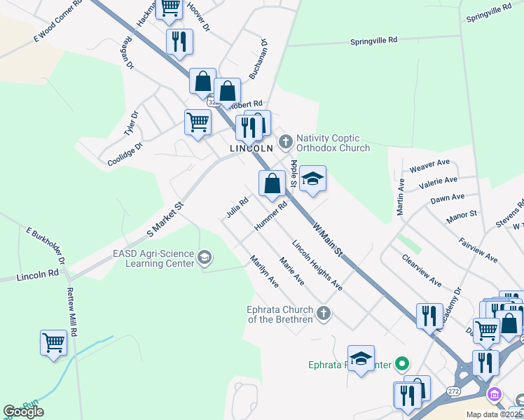 map of restaurants, bars, coffee shops, grocery stores, and more near 1514 Lincoln Heights Avenue in Ephrata