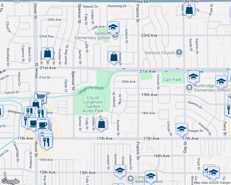 map of restaurants, bars, coffee shops, grocery stores, and more near 1816 Calkins Avenue in Longmont