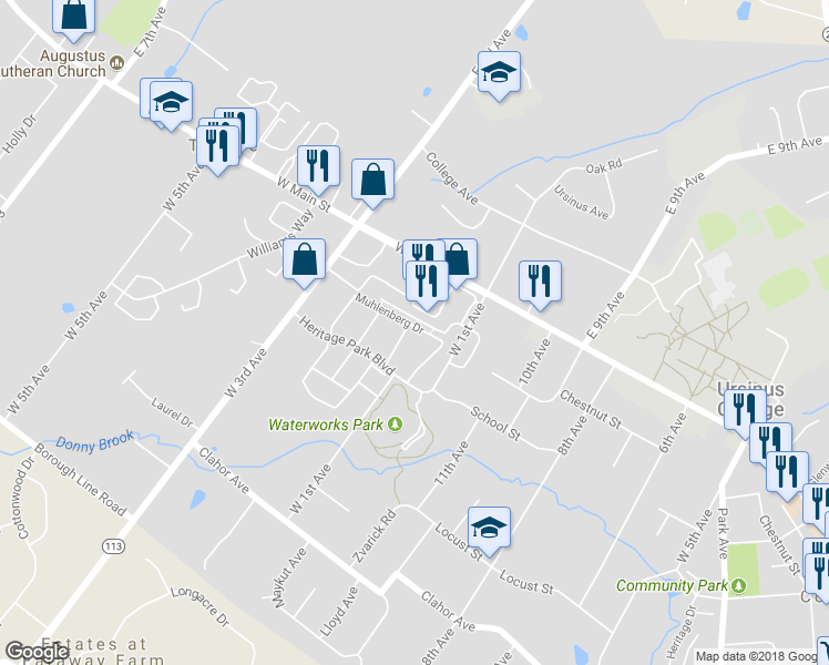 map of restaurants, bars, coffee shops, grocery stores, and more near 742 Gilbert Place in Collegeville