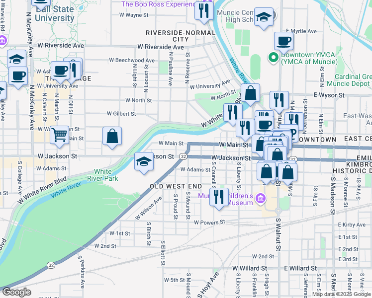 map of restaurants, bars, coffee shops, grocery stores, and more near 816 West Main Street in Muncie