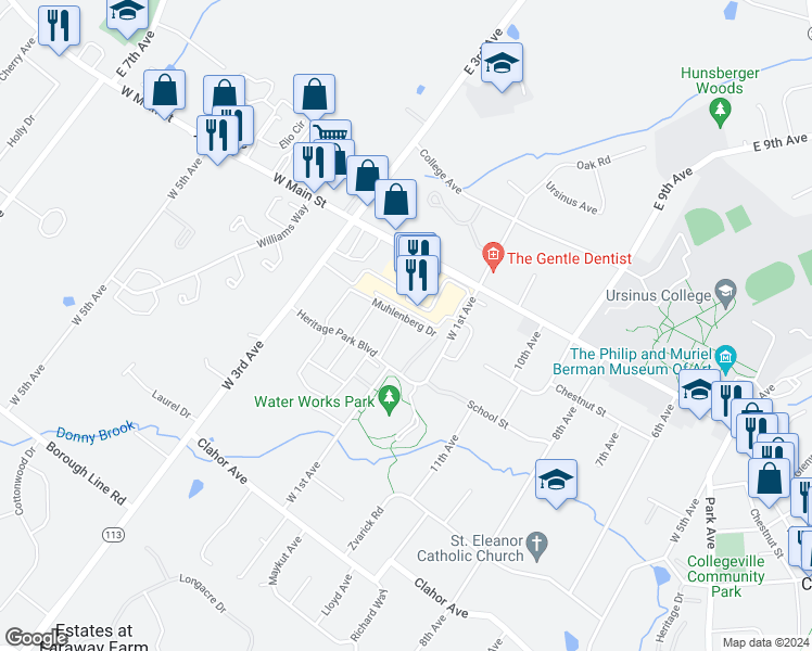 map of restaurants, bars, coffee shops, grocery stores, and more near 744 Gilbert Place in Collegeville
