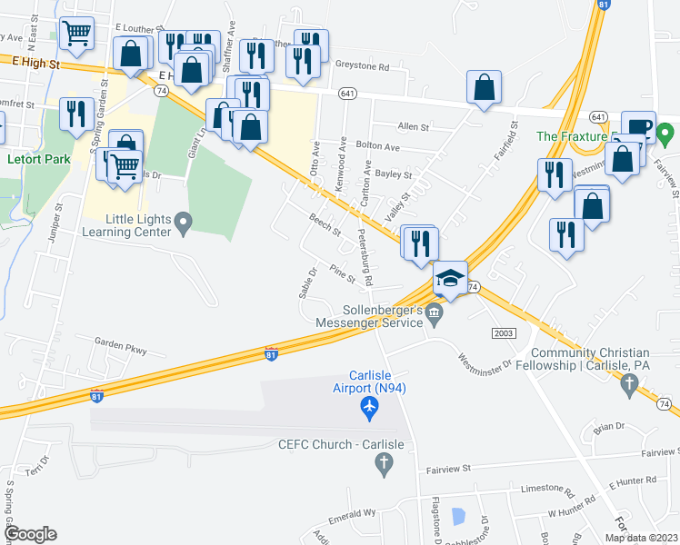 map of restaurants, bars, coffee shops, grocery stores, and more near 23 Pine Street in Carlisle