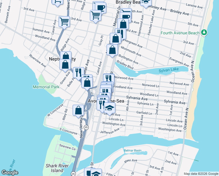 map of restaurants, bars, coffee shops, grocery stores, and more near 607 5th Avenue in Avon-by-the-Sea