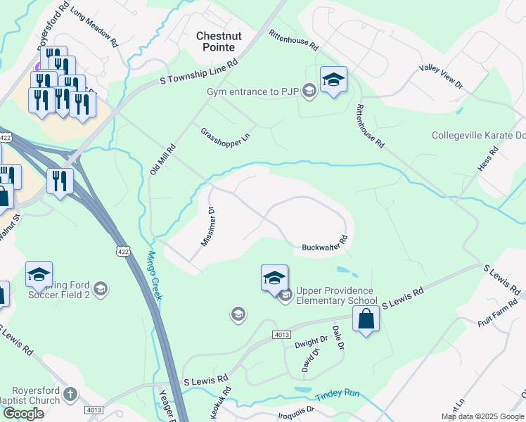 map of restaurants, bars, coffee shops, grocery stores, and more near 125 Buckwalter Road in Royersford