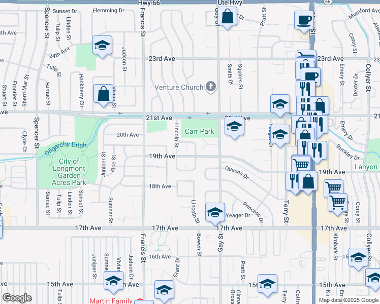 map of restaurants, bars, coffee shops, grocery stores, and more near 1921 Carr Drive in Longmont