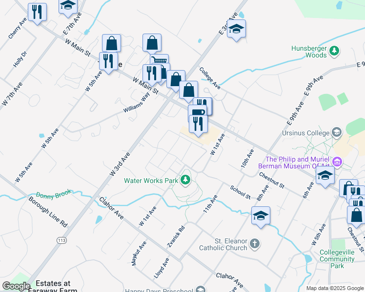 map of restaurants, bars, coffee shops, grocery stores, and more near 739 Muhlenberg Drive in Trappe