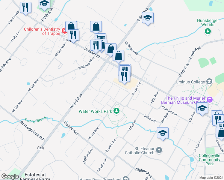map of restaurants, bars, coffee shops, grocery stores, and more near 825 Dewees Place in Collegeville