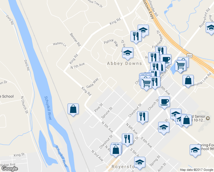 map of restaurants, bars, coffee shops, grocery stores, and more near 103 Horseshoe Drive in Royersford