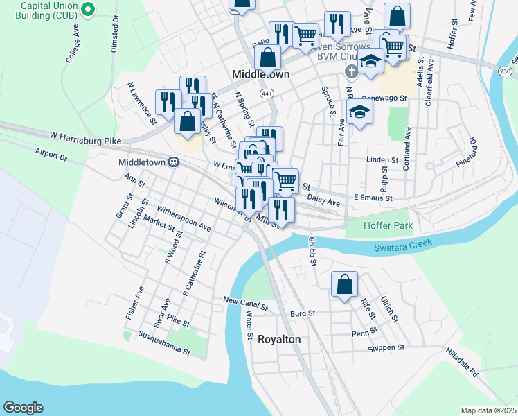 map of restaurants, bars, coffee shops, grocery stores, and more near 12 Brown Street in Middletown