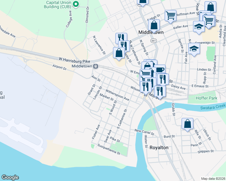 map of restaurants, bars, coffee shops, grocery stores, and more near 266 Ann Street in Middletown