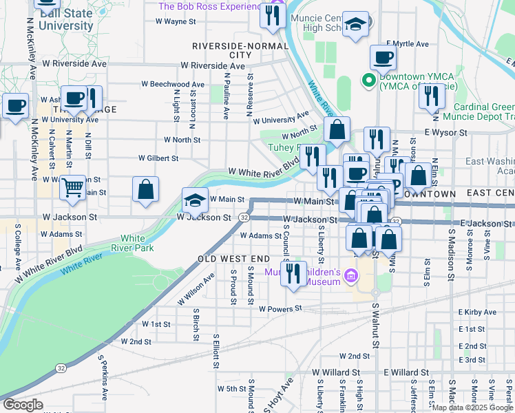 map of restaurants, bars, coffee shops, grocery stores, and more near 708 West Main Street in Muncie