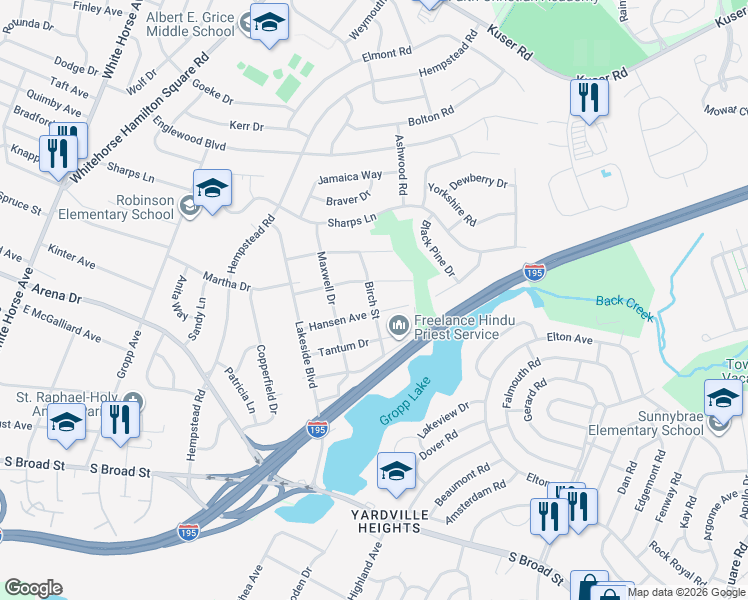map of restaurants, bars, coffee shops, grocery stores, and more near 233 Birch Street in Hamilton Township