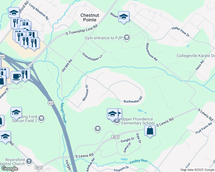 map of restaurants, bars, coffee shops, grocery stores, and more near 125 Buckwalter Road in Royersford