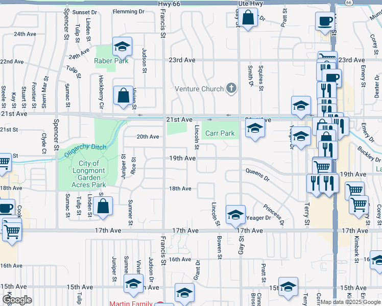map of restaurants, bars, coffee shops, grocery stores, and more near 1906 Logan Street in Longmont