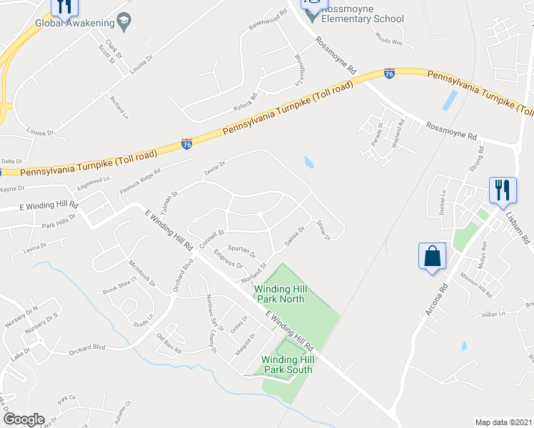 map of restaurants, bars, coffee shops, grocery stores, and more near 1673 Haralson Drive in Mechanicsburg