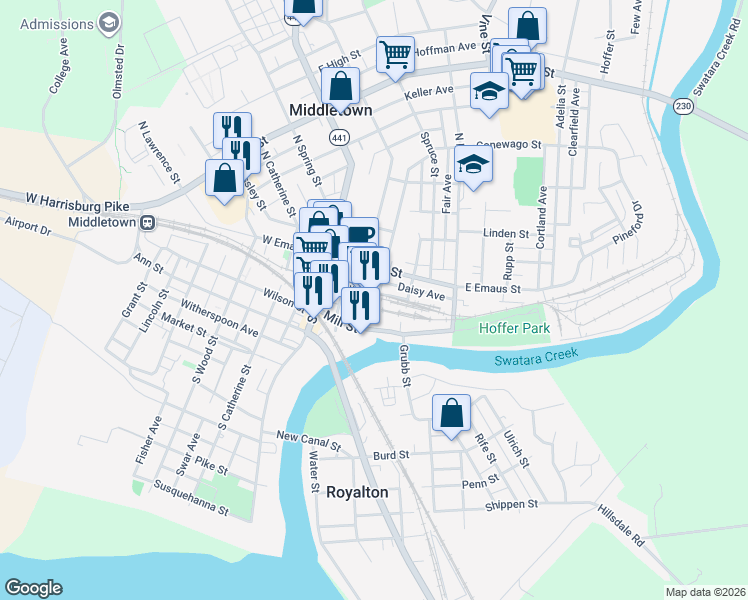 map of restaurants, bars, coffee shops, grocery stores, and more near 100 Brown Street in Middletown