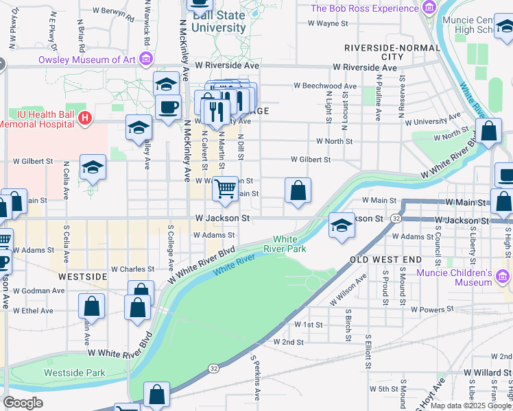 map of restaurants, bars, coffee shops, grocery stores, and more near 1515 West Main Street in Muncie
