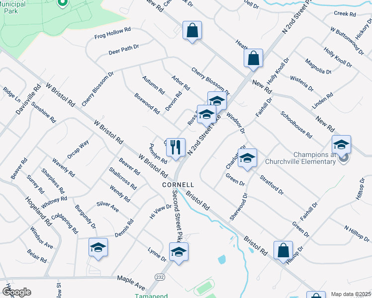 map of restaurants, bars, coffee shops, grocery stores, and more near 66 2nd Street Pike in Churchville