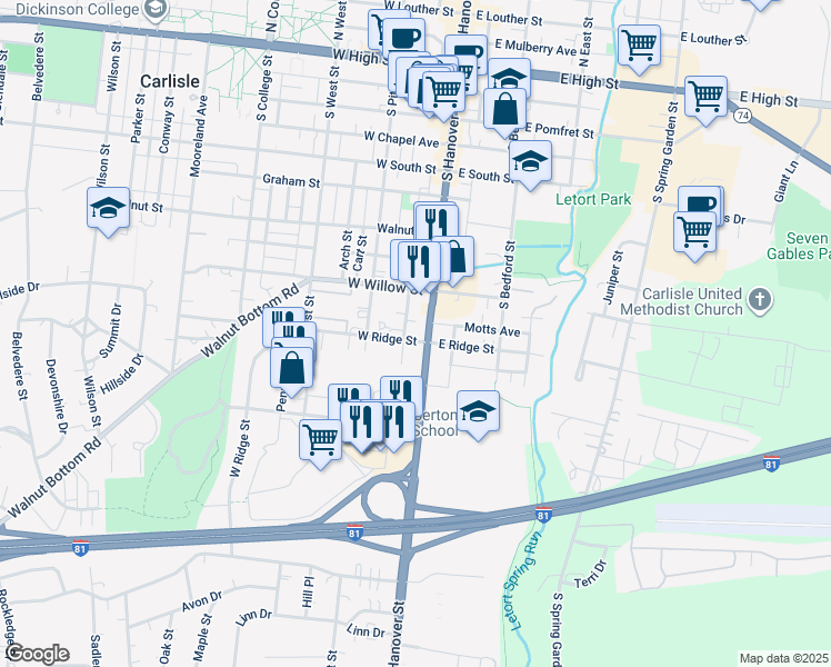 map of restaurants, bars, coffee shops, grocery stores, and more near 516 School Avenue in Carlisle