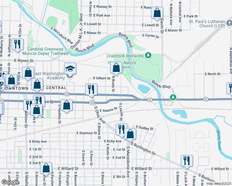 map of restaurants, bars, coffee shops, grocery stores, and more near 1501 East Washington Street in Muncie