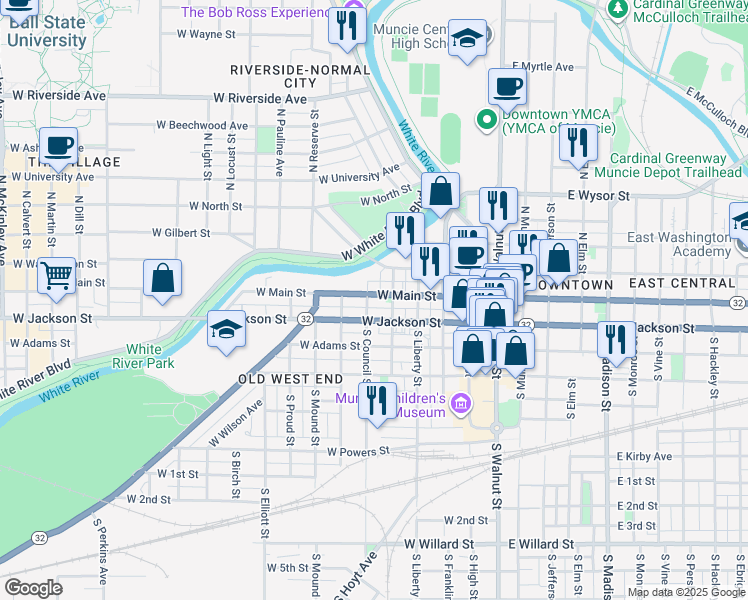 map of restaurants, bars, coffee shops, grocery stores, and more near 524 West Main Street in Muncie