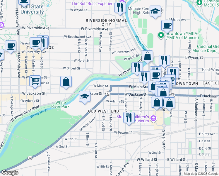 map of restaurants, bars, coffee shops, grocery stores, and more near 816 West Main Street in Muncie