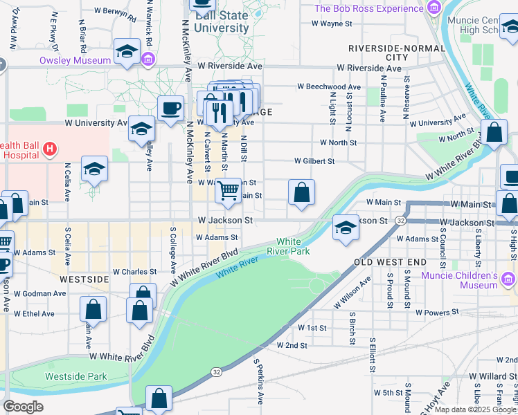 map of restaurants, bars, coffee shops, grocery stores, and more near 1515 West Main Street in Muncie