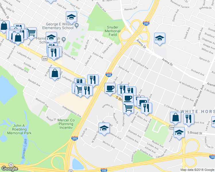 map of restaurants, bars, coffee shops, grocery stores, and more near 24 Hunter Avenue in Trenton