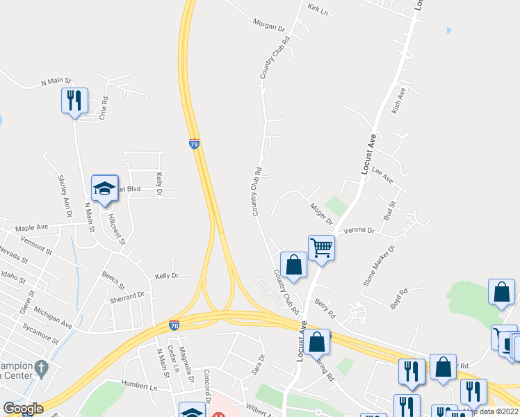 map of restaurants, bars, coffee shops, grocery stores, and more near 150 Country Club Road in Washington